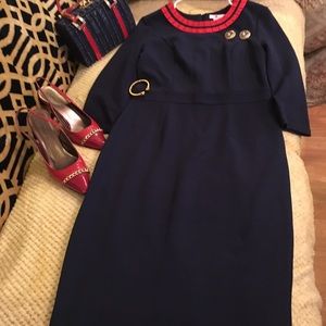 Boden Navy Blue dress Red trim Megan Markle look